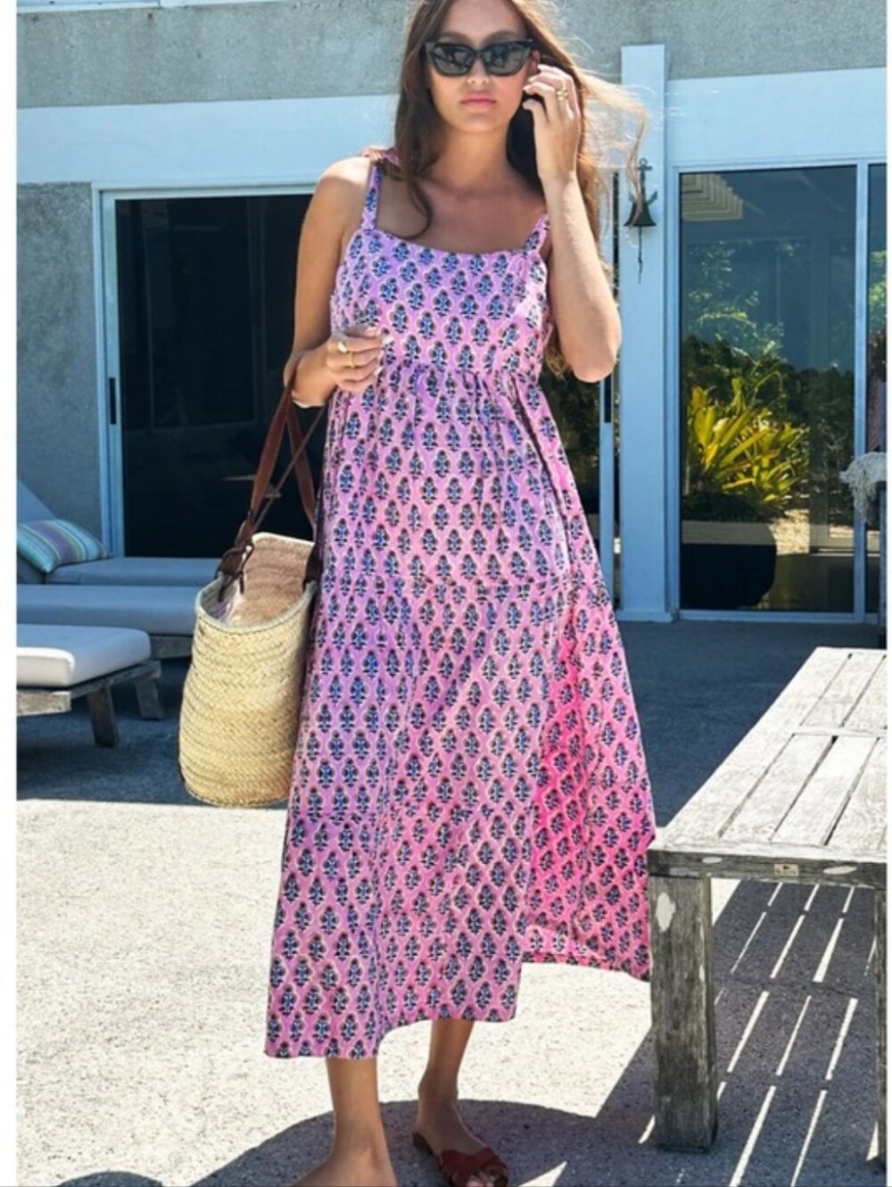 NWT Emerson Fry Evereve Pink Orange Floral Sara Tier Square Neck Maxi Dress L